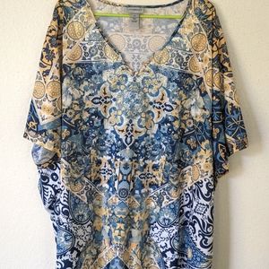 Catherines 5x plus size Blouse blues and yellow, V neck short sleeve